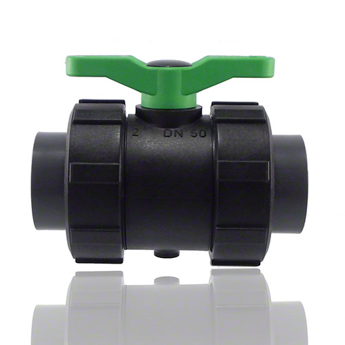 2-Wege-Kugelhahn PPGF, PVC-U-Klebemuffen, FPM = gr&uuml;ner Hebel